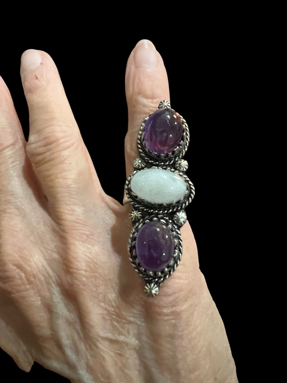 Amethyst and moonstone sterling silver ring, 925